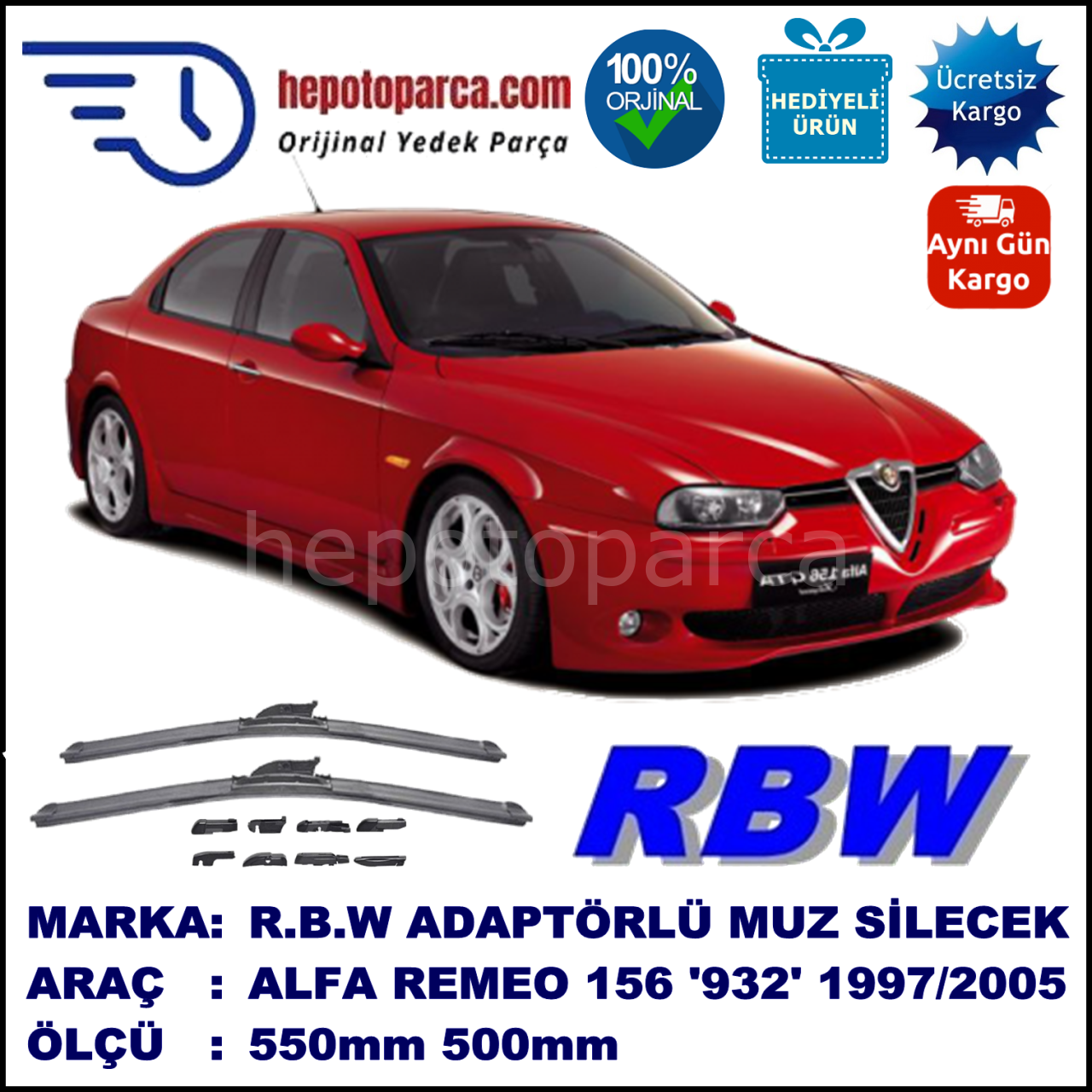 ALFA ROMEO 156 Berlina [932] 10.1997-12.2005, 550 / 500 mm.  RBW  ADAPTÖRLÜ MUZ SİLECEK SETİ