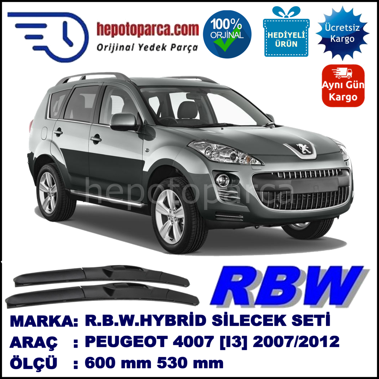 PEUGEOT 4007 [I3] 09.07-... 600 / 530 mm. RBW Hybrid Silecek Seti. U Kanca Uyumlu Hibrit