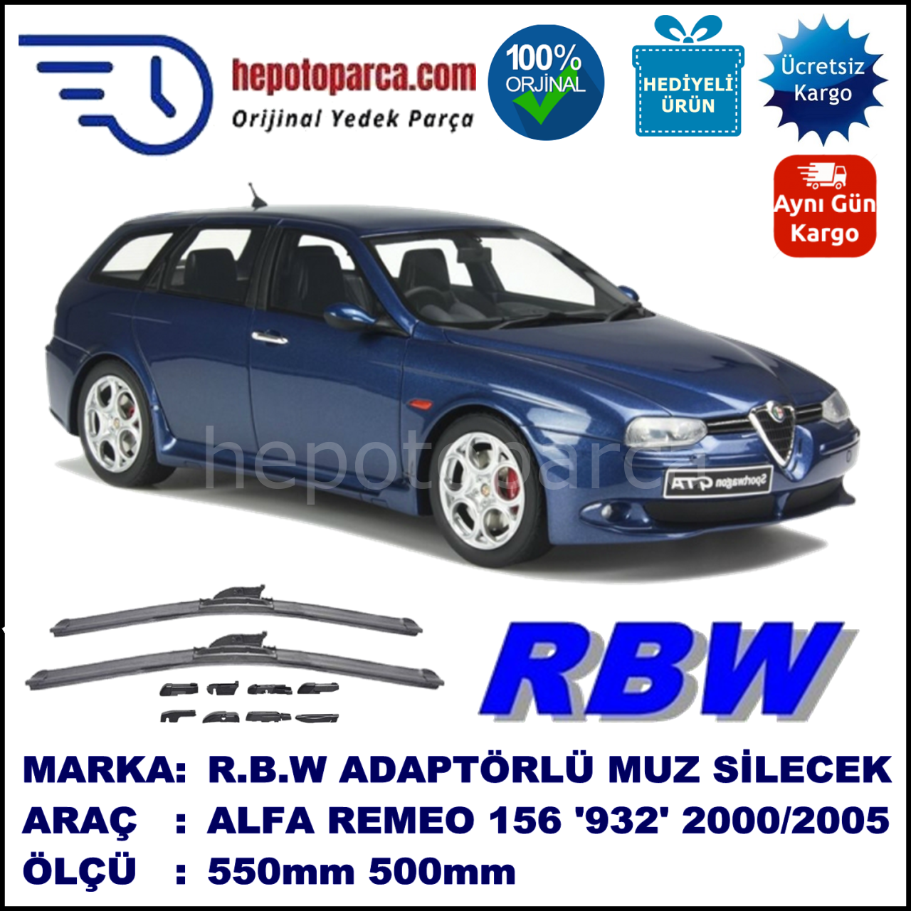 ALFA ROMEO 156 Sport Wagon [932] 06.2000-12.2005, 550 / 500 mm.  RBW  ADAPTÖRLÜ MUZ SİLECEK SETİ