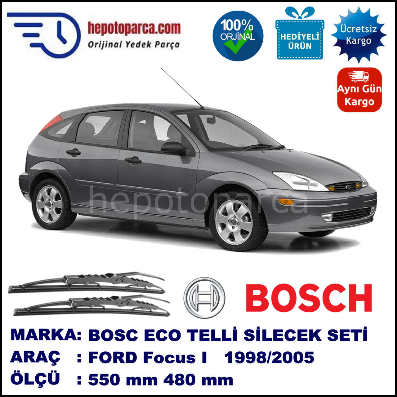 FORD Focus I  [99] 08.98-05.05 550 / 480 mm. BOSCH ECO Telli Silecek 2'li Takım