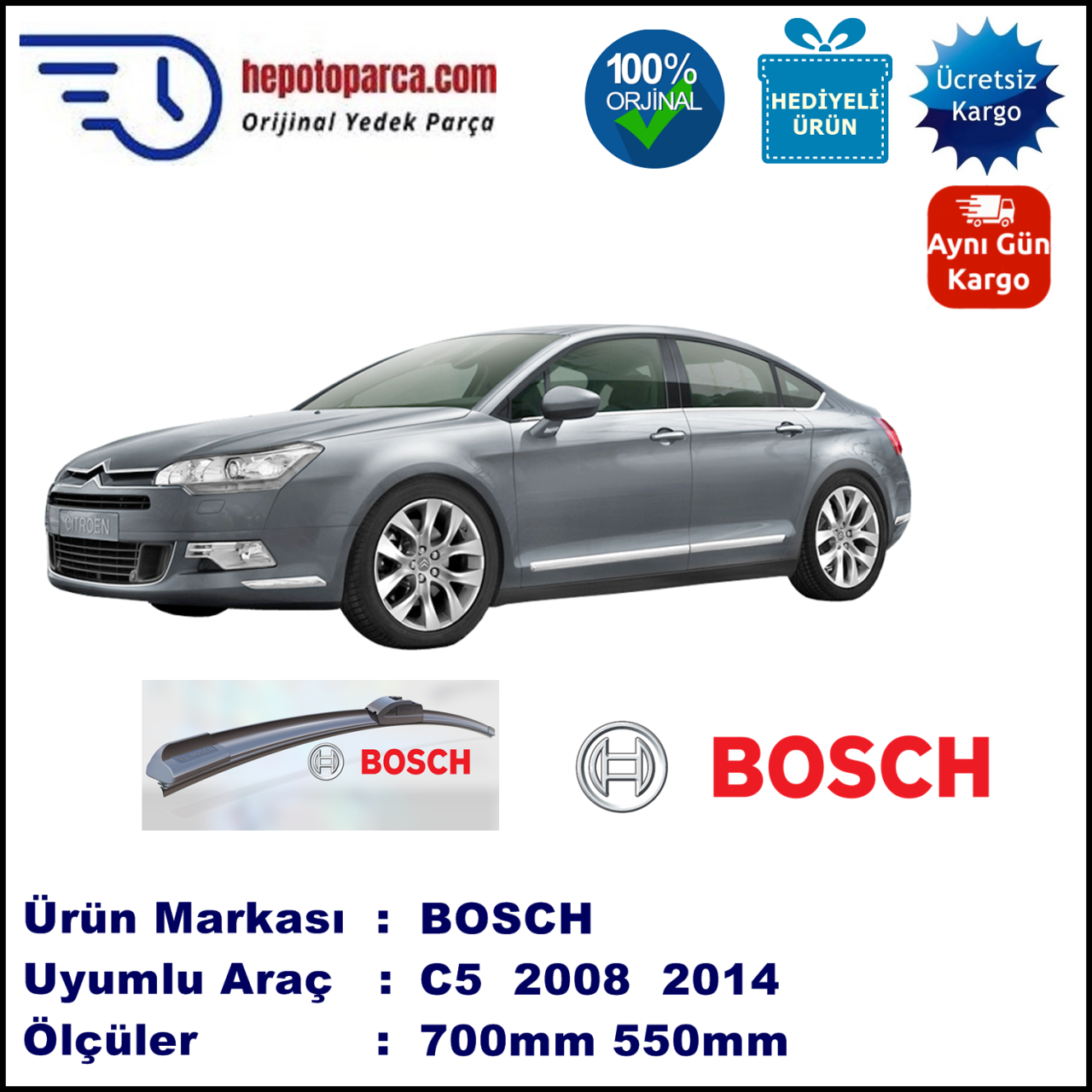 CITROEN C5 [X7] 04.2008-..., 700 / 550 mm. BOSCH AEROECO Aparatlı Muz Silecek