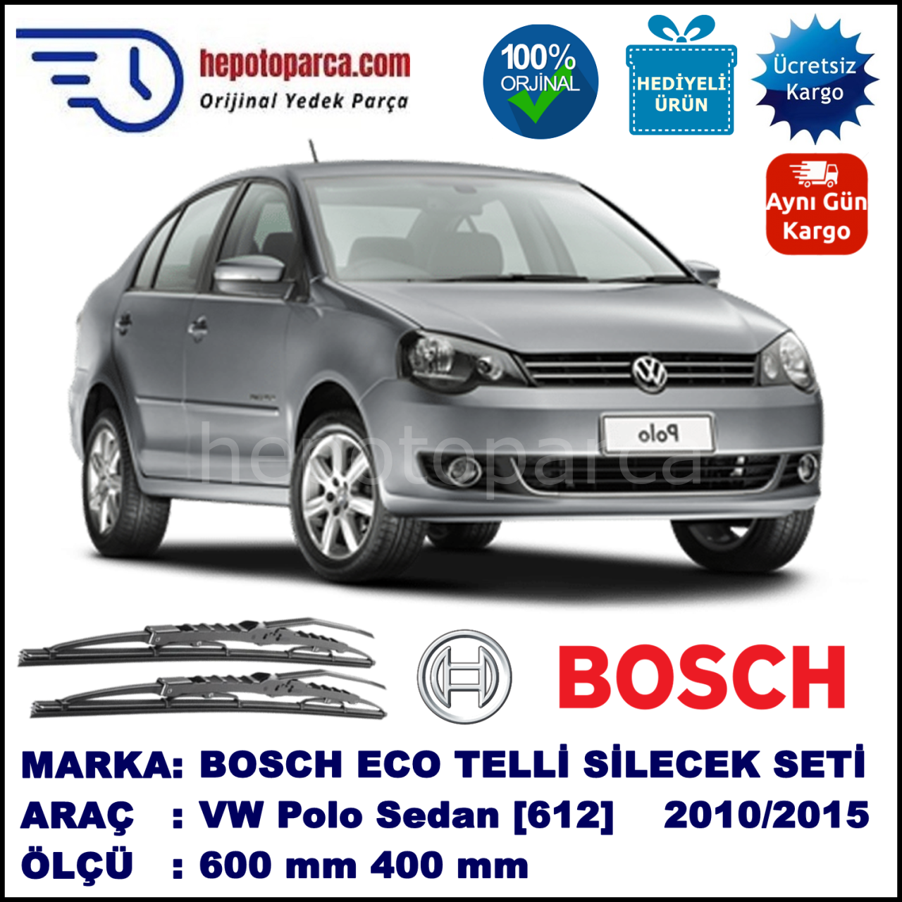 BOSCH VW Polo Sedan 612 09.10 . 600 400 mm. BOSCH ECO Telli Silecek 2 li Tak m