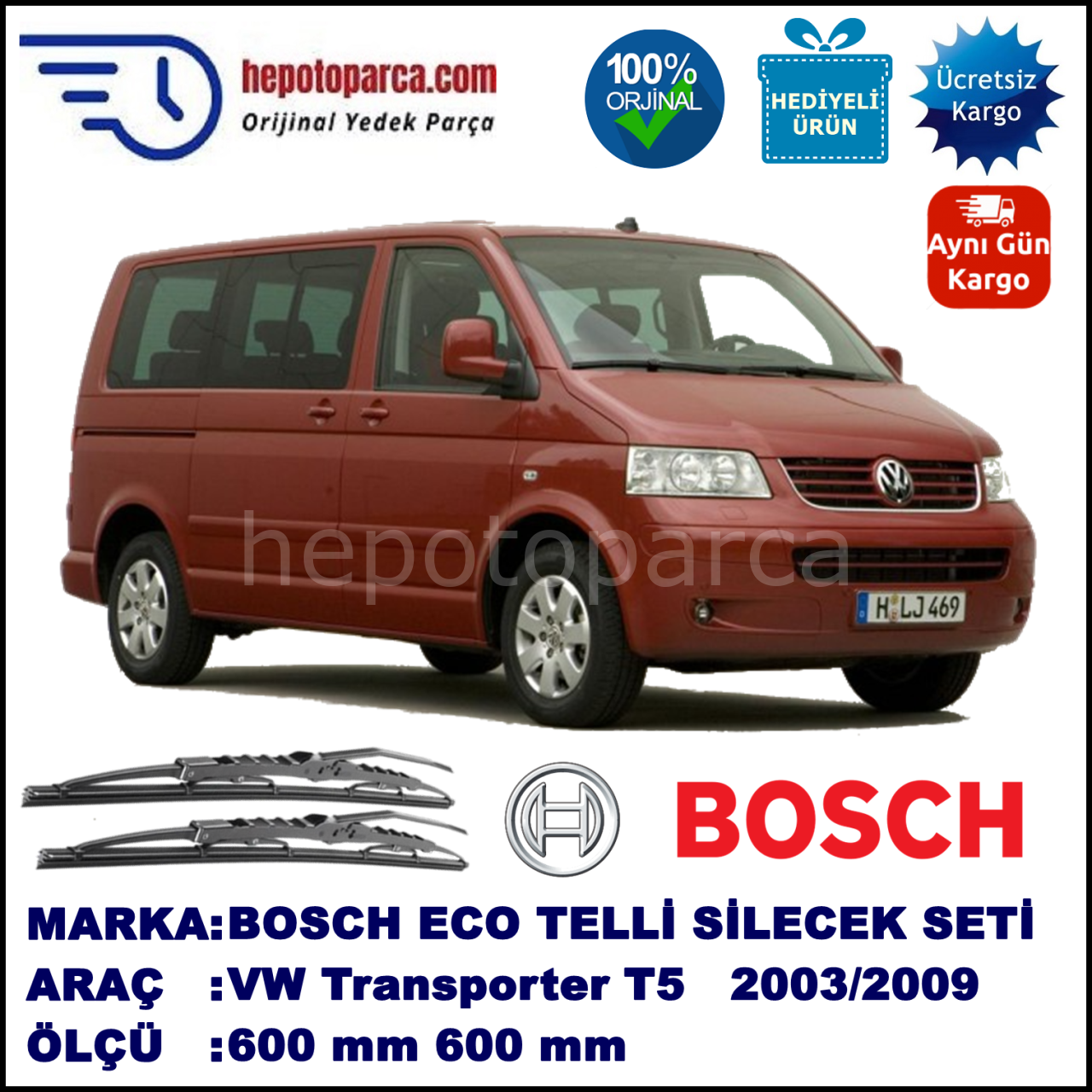 VW Transporter T5 [7H, 7J] 02.03-11.09 600 / 600 mm. BOSCH ECO Telli Silecek 2'li Takım