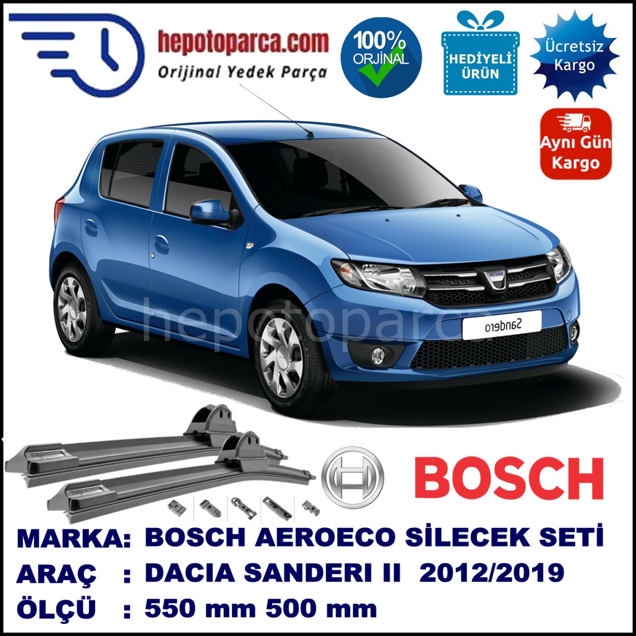 DACIA Sandero II [L8] 08.2012-..., 550 / 500 mm. BOSCH AEROECO Aparatlı Muz Silecek