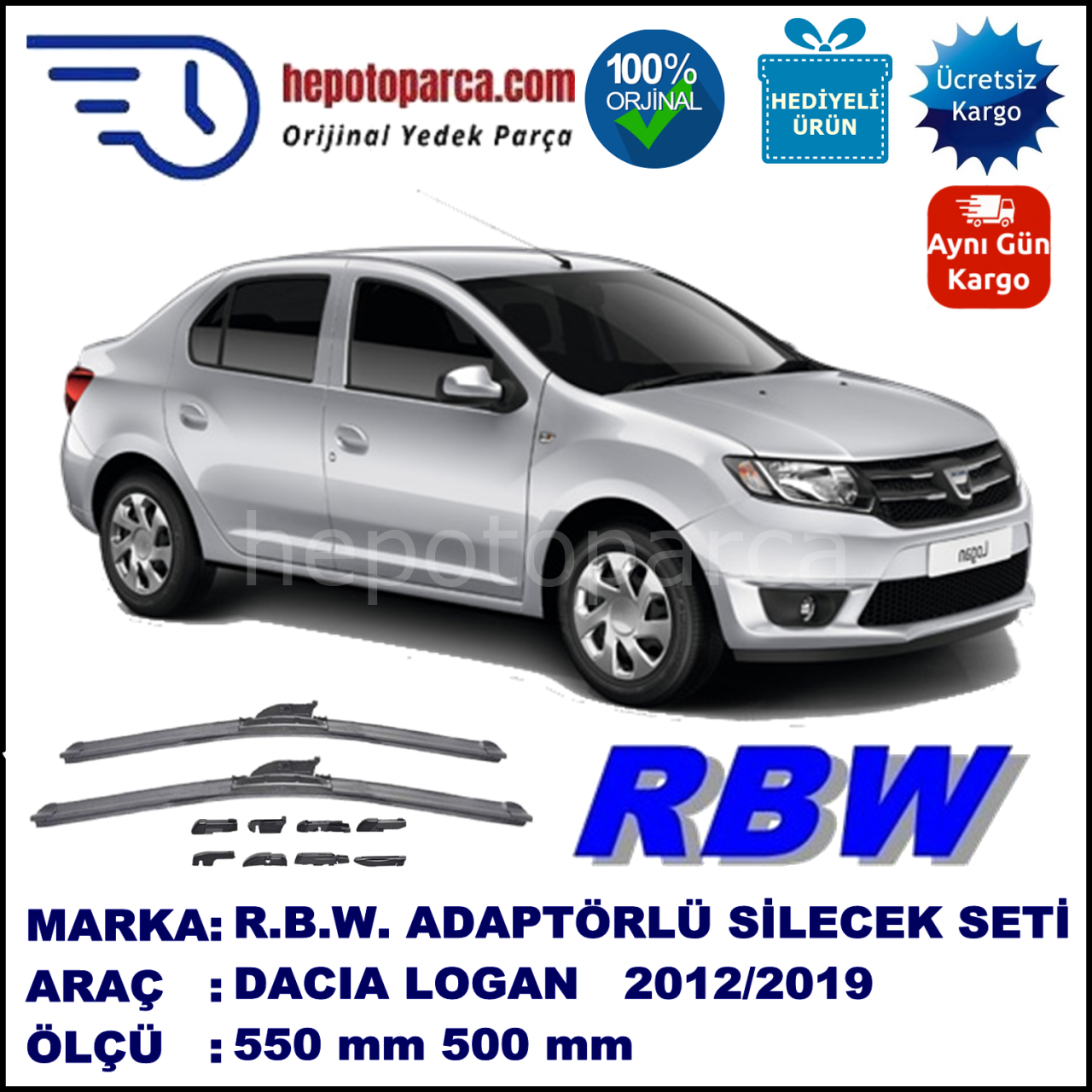 DACIA Logan II [L8] 08.2012-..., 550 / 500 mm.  RBW  ADAPTÖRLÜ MUZ SİLECEK SETİ