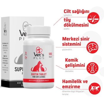 Vet's Plus Kedi ve Köpek için Tüy Sağlığı Güçlendirici Biyotin Tablet (100'lü)