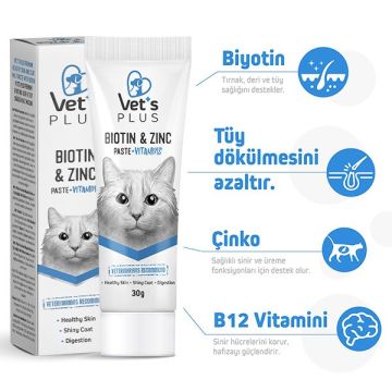 Vet’s Plus Deri ve Tüy Sağlığı için Biyotin ve Çinko Kedi Macunu 30gr