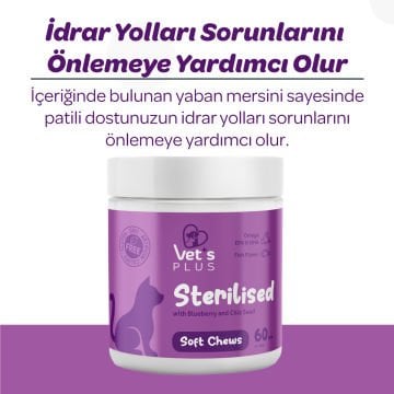 Vet's Plus Sterilised Kısırlaştırılmış Kediler İçin Yaban Mersinli Çiğnenebilir Tablet (60'lı)