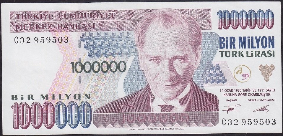 7.Emisyon 1.Tertip 1 000 000 Lira C32 959503 Çilaltı