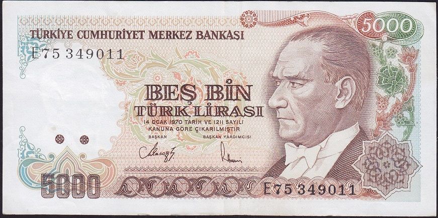 7.Emisyon 3.Tertip 5000 Lira E75 349011 Çok Çok Temiz+