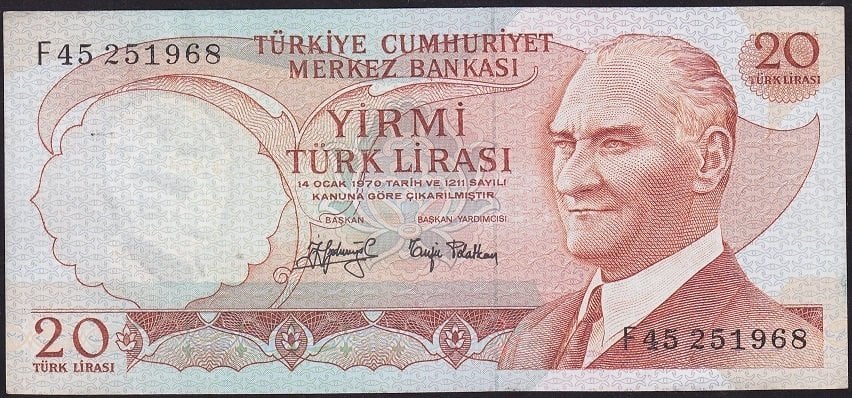 6.Emisyon 3.Tertip 20 Lira F45 251968 Çilaltı ( Kat Yok )