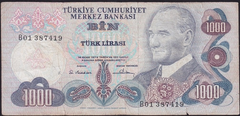 6.Emisyon 1.Tertip 1000 Lira B01 387419 Temiz