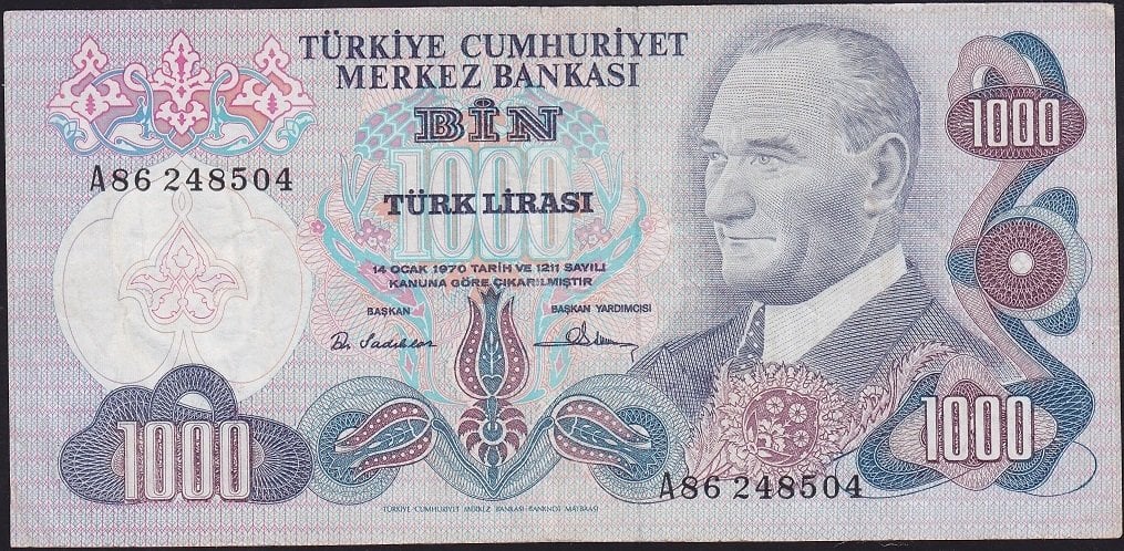 6.Emisyon 1.Tertip 1000 Lira A86 248504 Çok Temiz+