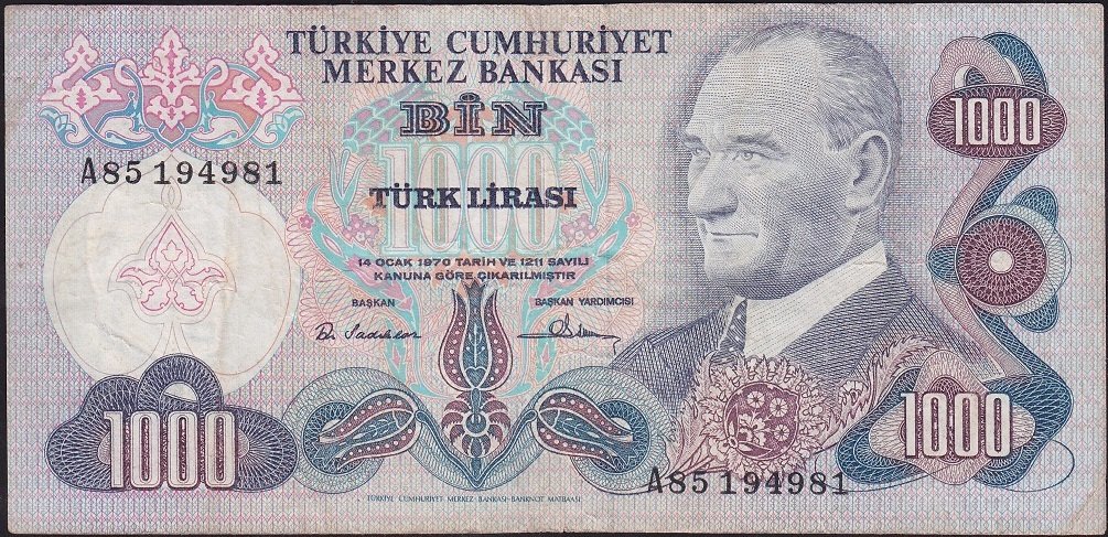 6.Emisyon 1.Tertip 1000 Lira A85 194981 Çok Temiz