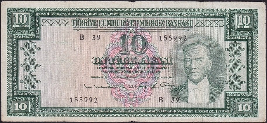 5.Emisyon 6.Tertip 10 Lira B39 155992 Çok Temiz