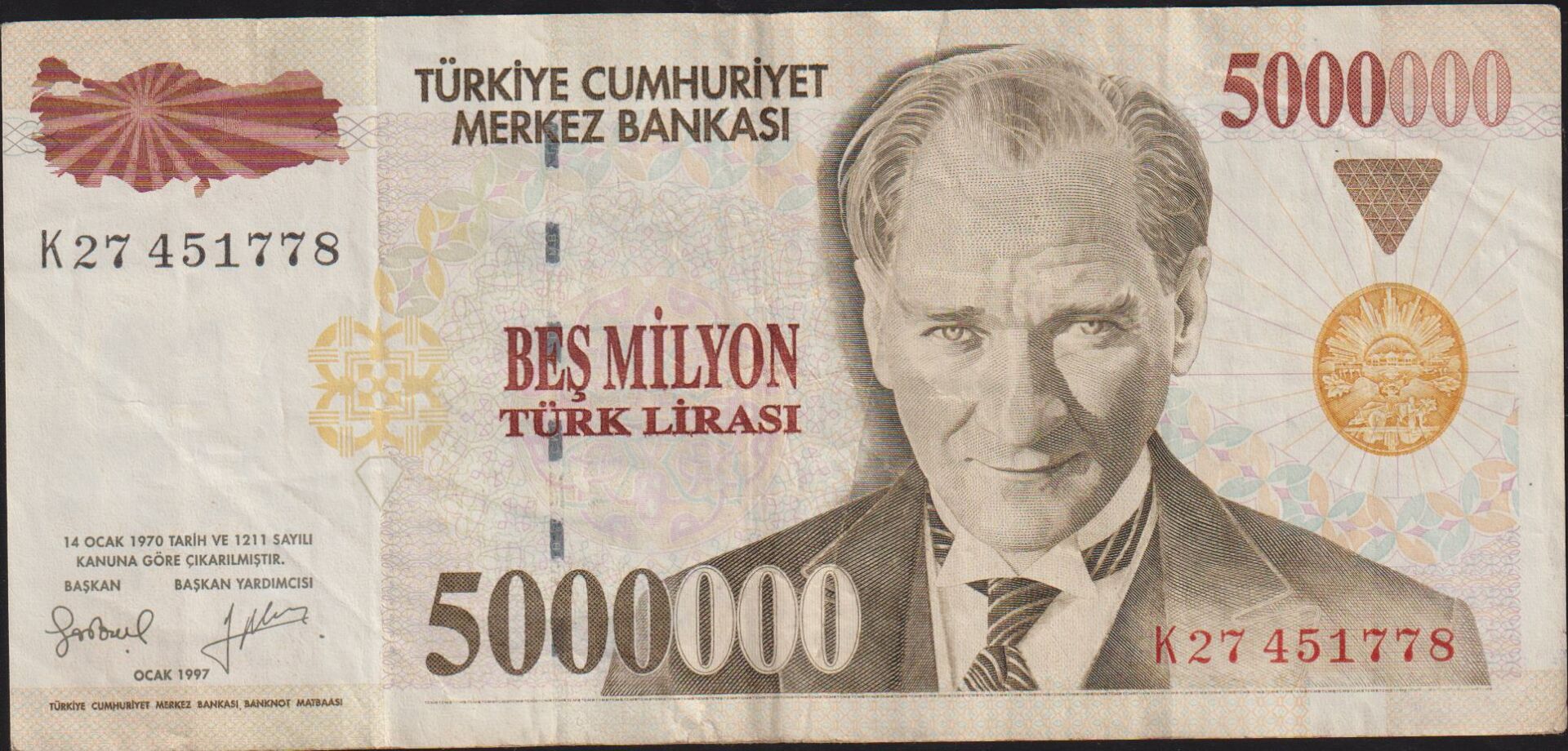 7.Emisyon 5 000 000 Lira K27 451778 Çok Temiz+