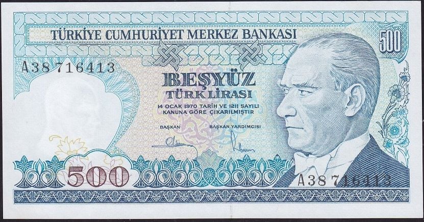 7.Emisyon 1.Tertip 500 Lira A38 716413 Çil