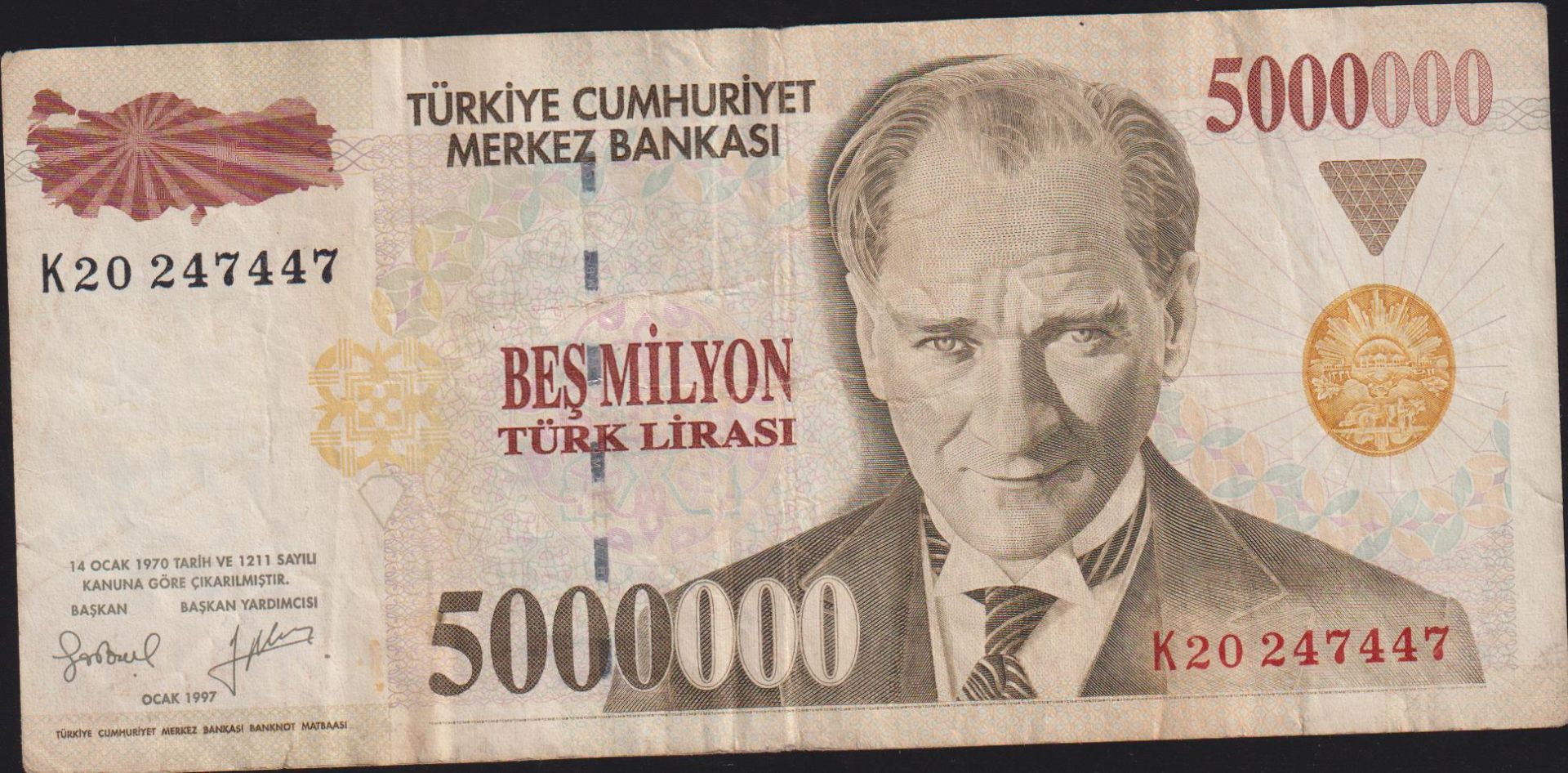 7.Emisyon 5 000 000 Lira K20 247447 Çok Temiz