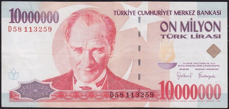 7.Emisyon 10 000 000 Lira D58 113259 Çok Temiz+