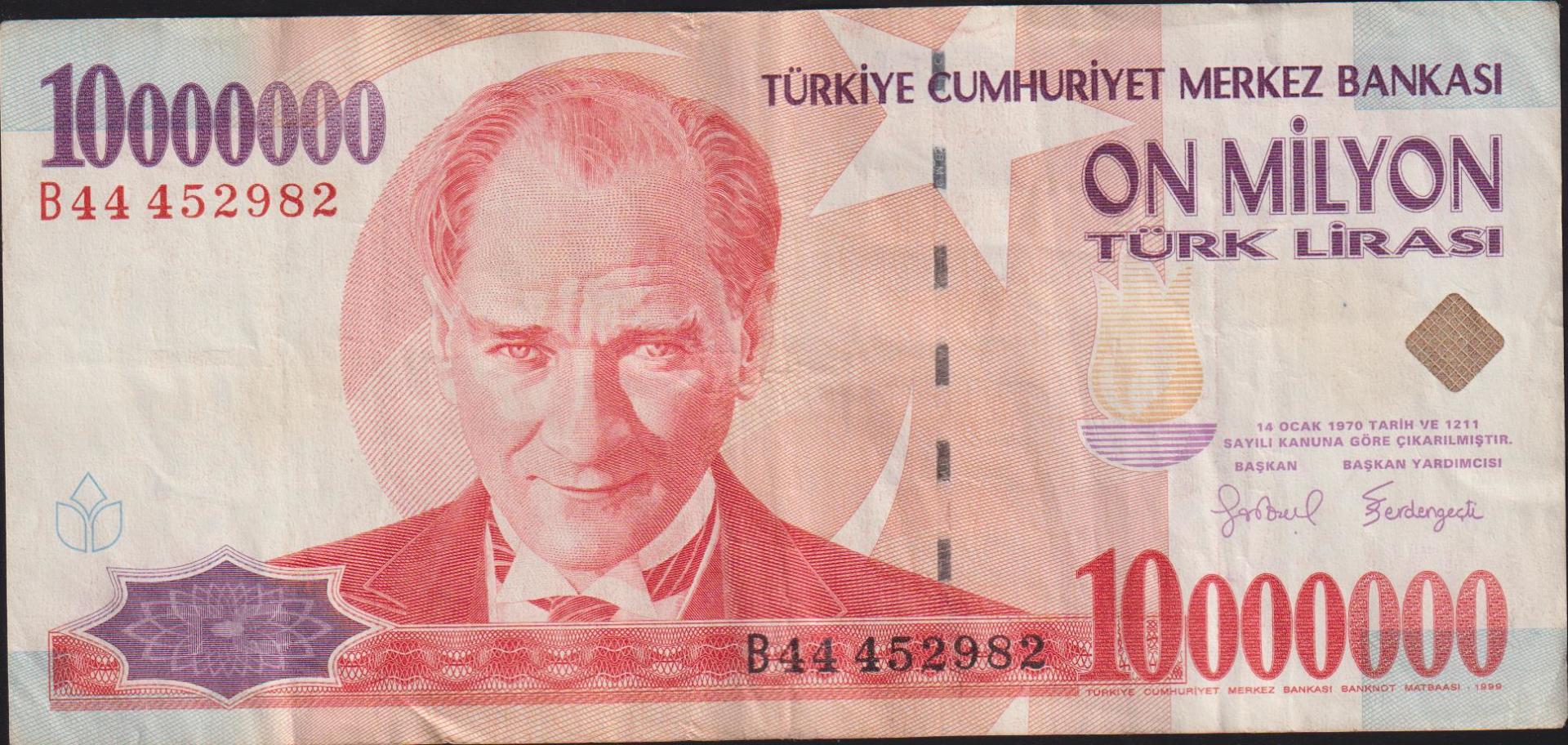 7.Emisyon 10 000 000 Lira B44 452982 Çok Temiz+