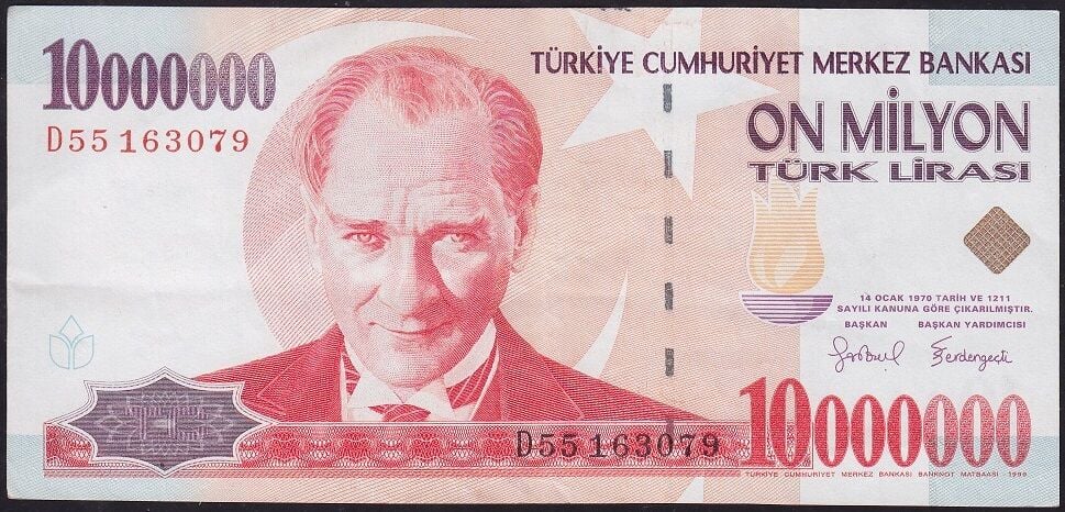 7.Emisyon 10 000 000 Lira D55 163079 Çok Temiz+