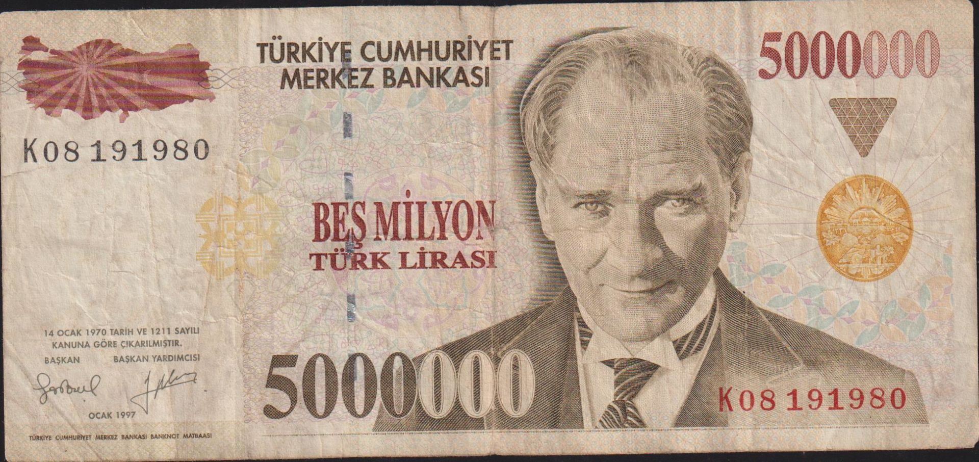 7.Emisyon 5 000 000 Lira K08 191980 Çok Temiz