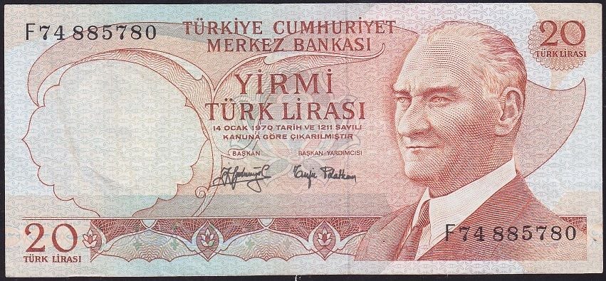 6.Emisyon 3.Tertip 20 Lira F74 885780 Çok Temiz+