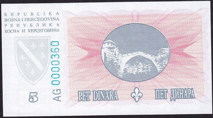 Bosna Hersek 5 Dinar 1994 Çil Pick 40 İlk Bin