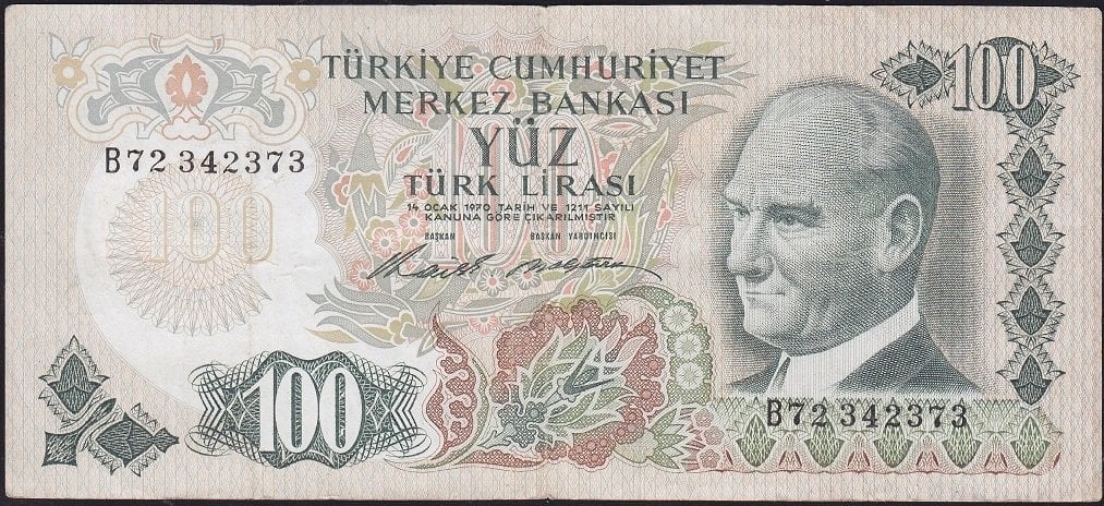 6.Emisyon 1.Tertip 100 Lira B72 342373 Çok Temiz