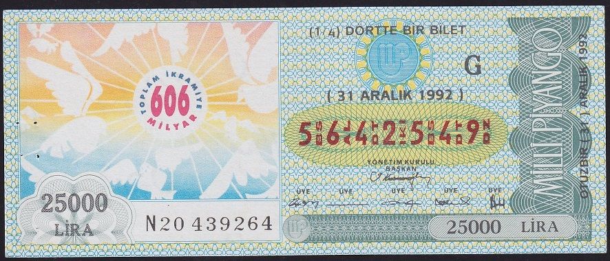 1992 31 Aralık Çeyrek Bilet - G Serisi