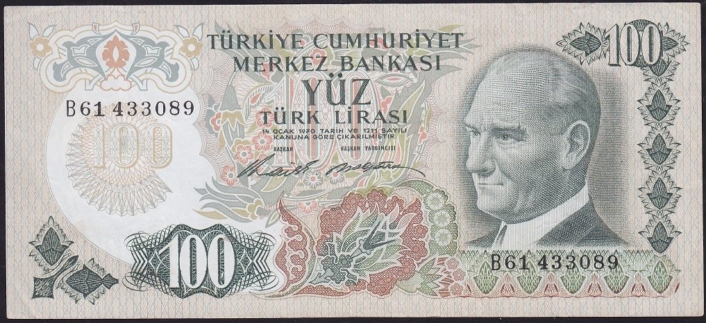 6.Emisyon 1.Tertip 100 Lira B61 433089 Çok Temiz+