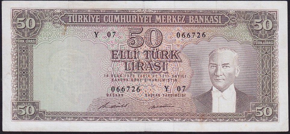 5.Emisyon 7.Tertip 50 Lira Y07 066726 Çok Çok Temiz ( İşlemli )