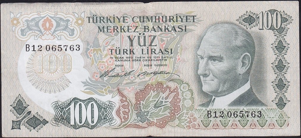 6.Emisyon 1.Tertip 100 Lira B12 065763 Çok Temiz