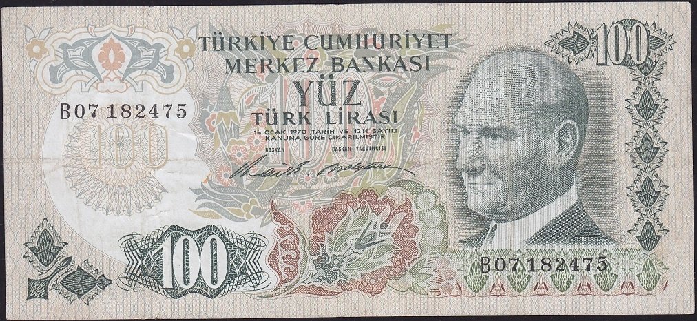 6.Emisyon 1.Tertip 100 Lira B07 182475 Çok Temiz