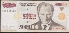 7.Emisyon 5 000 000 Lira K35 865196 Çok Temiz+