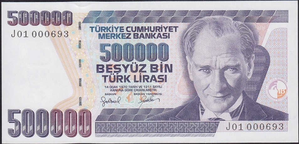 7.Emisyon 4.Tertip 500000 Lira J01 000693 Çilaltı Çil ( İlk Bin )