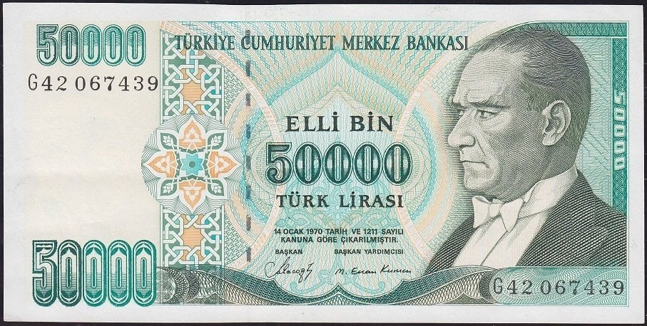 7.Emisyon 1.Tertip 50000 Lira G42 067439 Çok Çok Temiz+