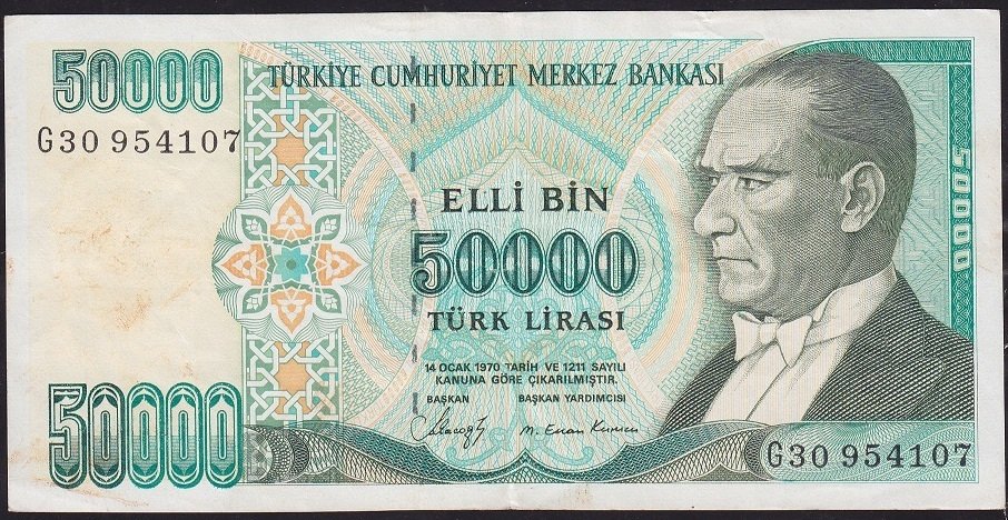 7.Emisyon 1.Tertip 50000 Lira G30 954107 Çok Temiz+