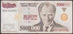 7.Emisyon 5 000 000 Lira K08 213793 Çok Temiz