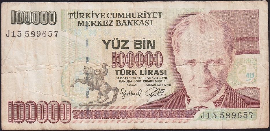 7.Emisyon 3.Tertip 100000 Lira J15 589657 Temiz