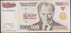 7.Emisyon 5 000 000 Lira J81 866891 Çok Temiz+