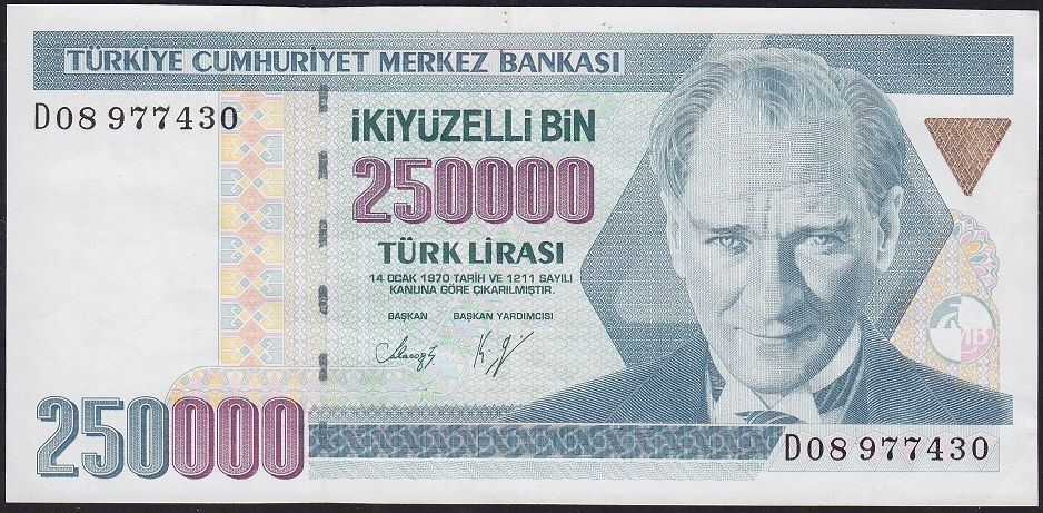 7.Emisyon 1.Tertip 250000 Lira D08 977430 Çok Temiz+