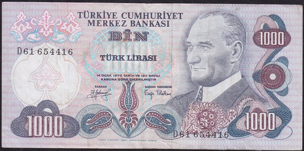 6.Emisyon 2.Tertip 1000 Lira D61 654416 Çok Temiz+