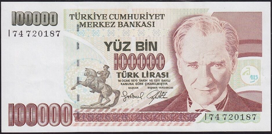 7.Emisyon 3.Tertip 100000 Lira I74 720187 Çok Çok Temiz+