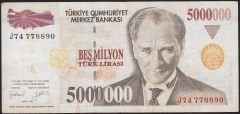 7.Emisyon 5 000 000 Lira J74 778890 Çok Temiz