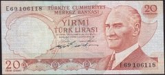 6.Emisyon 2.Tertip 20 Lira E69 106118 Çok Temiz