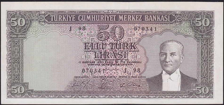 5.Emisyon 6.Tertip 50 Lira J98 070341 Çok Temiz+ ( Düzeltme var )