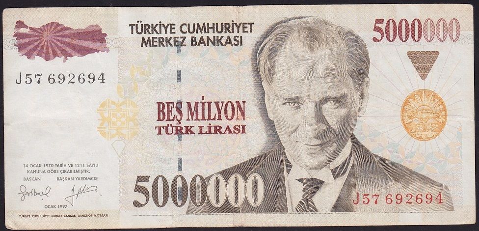 7.Emisyon 5 000 000 Lira J57 692694 Çok Temiz+