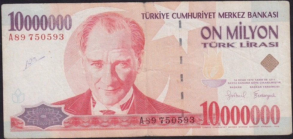 7.Emisyon 10 000 000 Lira A89 750593 Çok Temiz