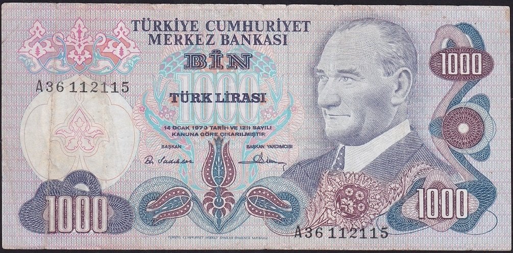 6.Emisyon 1.Tertip 1000 Lira A36 112115 Temiz ( ortada açılma var )